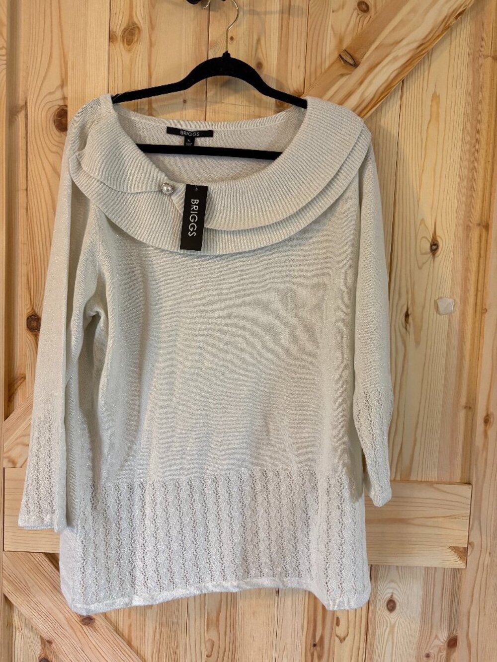 Briggs XL White Shimmer Sweater Cowl Neck Pearl Detail NWT